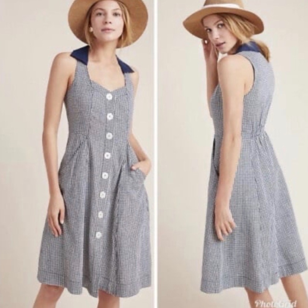 NWT ANTHROPOLOGIE Camellia Collared Dress Gingham Collar Blue Retro Pin-up